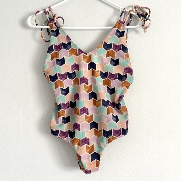 NEW Tori Praver Seafoam Chevron Geometric Print One Piece Swimsuit Sz Small - Picture 2 of 10